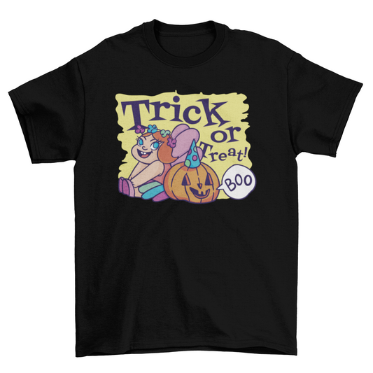 Girl in fairy costume halloween and jack o lantern w/ quote "Trick or