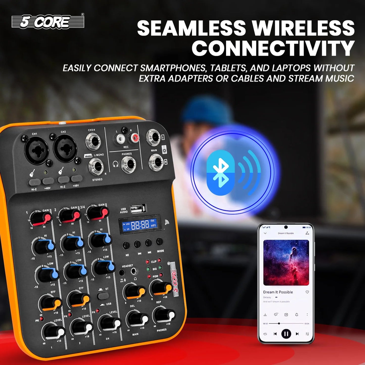 Audio Mixer 4 Channel DJ Equipment with Bluetooth USB Sound Board