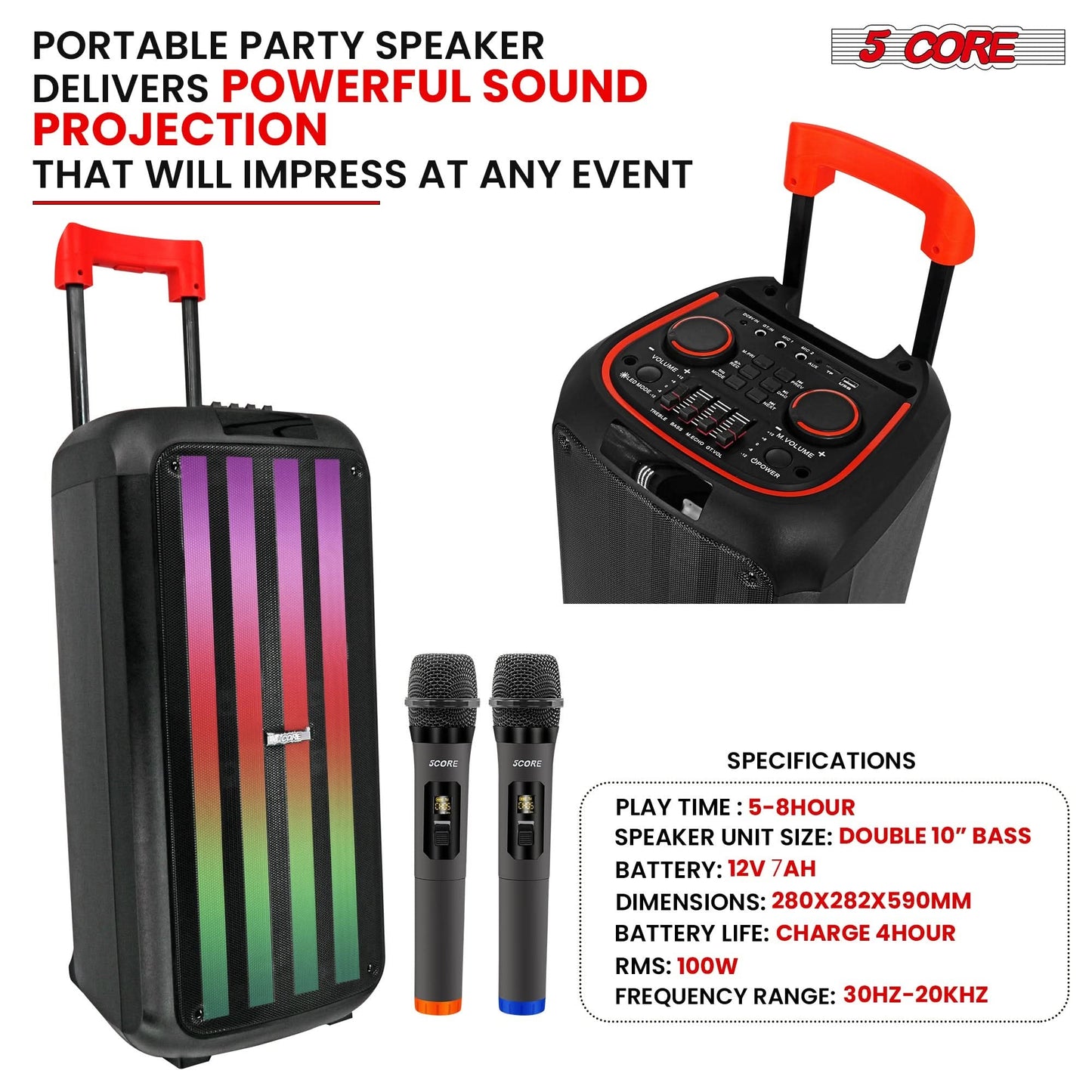 5Core Bluetooth Party Speaker 10 Inch PA RGB Partybox Karaoke Machine