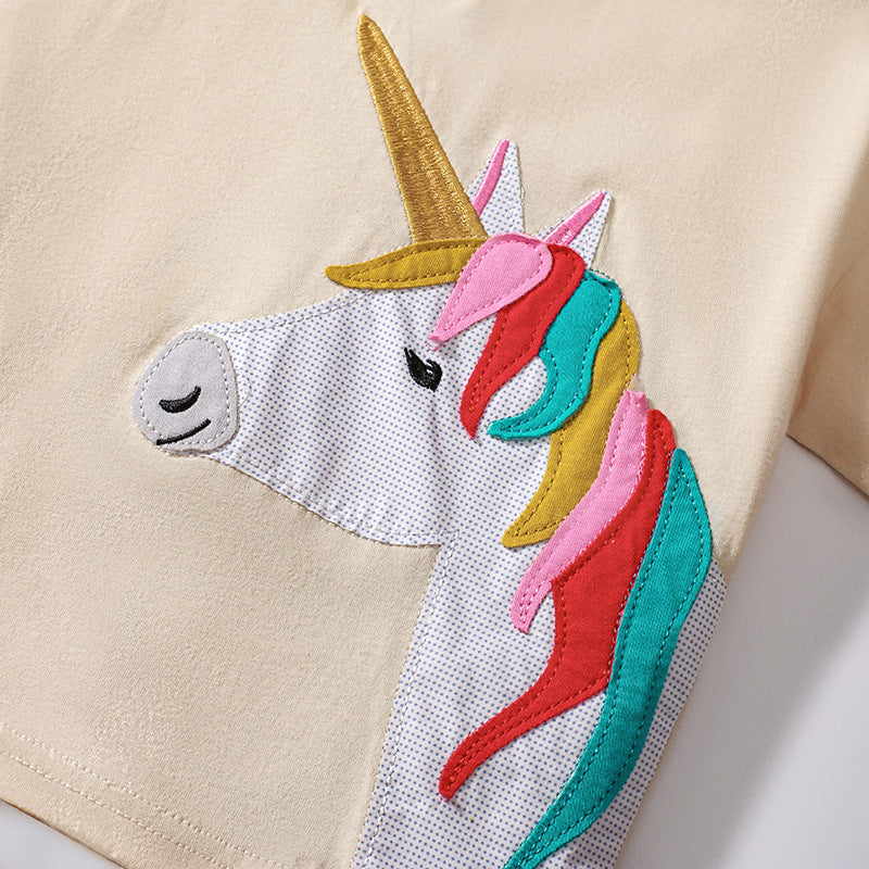 Summer Baby Kids Unicorn Cartoon Pattern T-shirt and Striped Bloomers